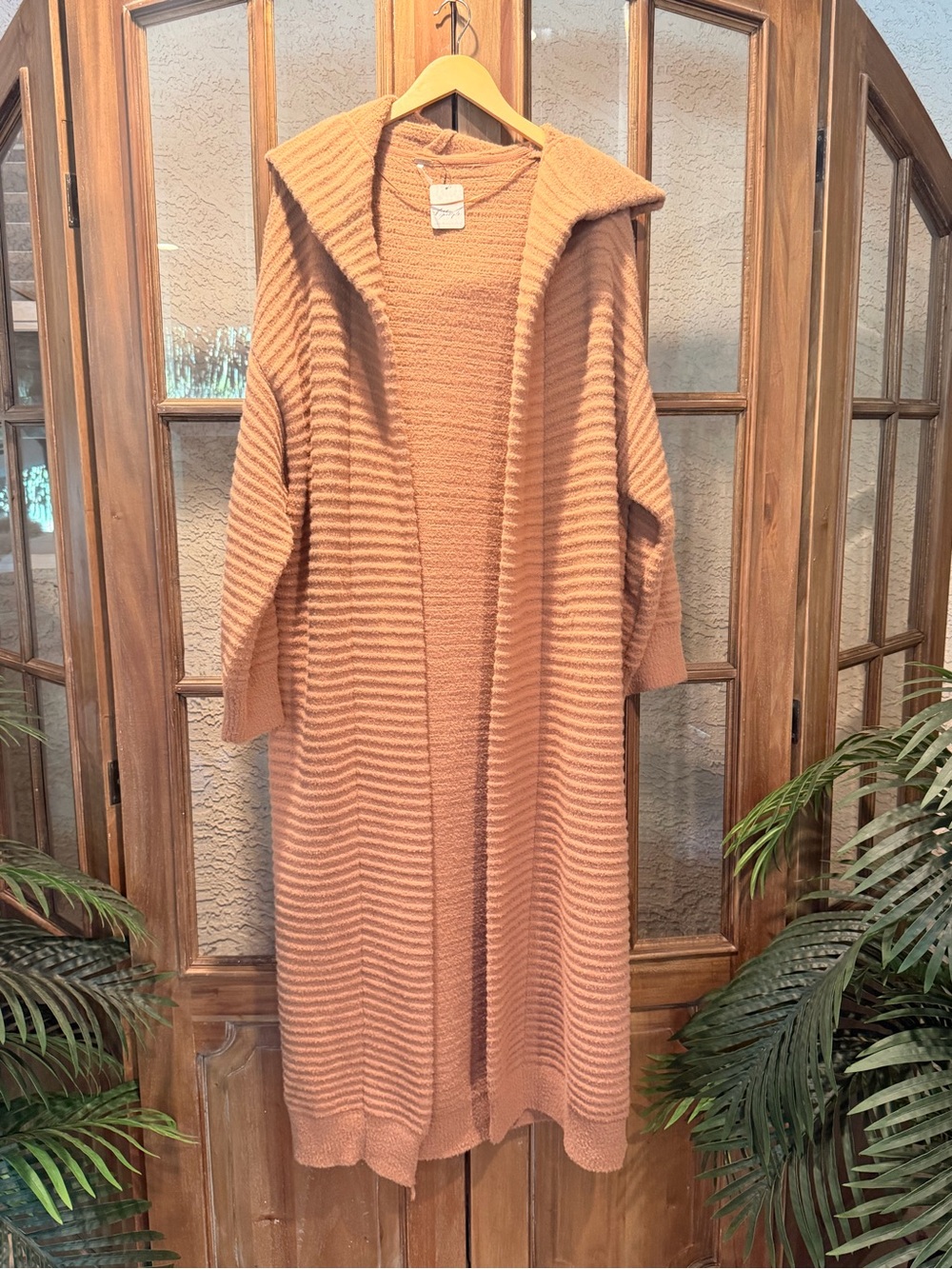 Free People Long Open-Front Hooded Cardigan - Camel/Tan